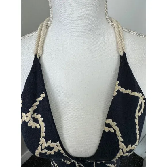 J.Crew Womens Navy & Beige Rope Print Halter Top With Deep V-Neckline - NWOT - Picture 2 of 16